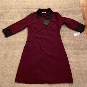 Gaja Burgundy Woman’s Classic Dress With Black Lace Trim at Neck and Sleeve.